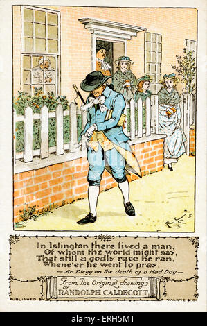 An Elegy on the Death of a Mad Dog illustrated by Randolph Caldecott, based on the original poem by Oliver Goldsmith. Printed by Frederick Warne & Co. RC: English illustrator, 22 March 1846 - 12 February 1886. OG: Anglo-Irish writer, playwright, poet, physician 10 November 1730 or 1728 – 4 April 1774. Stock Photo