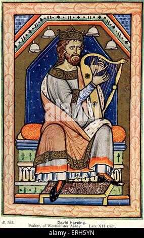 King David - playing the HARP Illumination from 12th century Psalter at Westminster Abbey Stock Photo