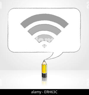 Yellow Lead Pencil with Reflection Drawing Digital WiFi Icon in Round Cornered Rectangular Speech Bubble on Pale Background Stock Photo