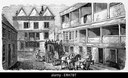 History of British theatre:  inn yard used as playhouse. Early English Elizabethan theatres created in yards of inns which were Stock Photo