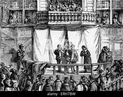 History of British theatre:  early  playhouse from 1570 - 1629 . Early English Elizabethan theatres . Note audience standing