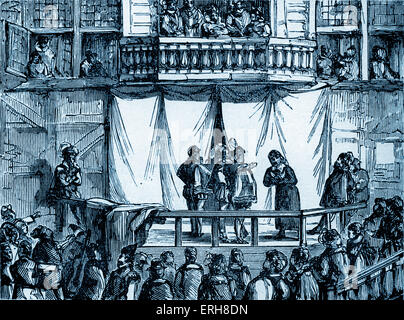 History of British theatre:  early  playhouse from 1570 - 1629 . Early English Elizabethan theatres . Note audience standing Stock Photo