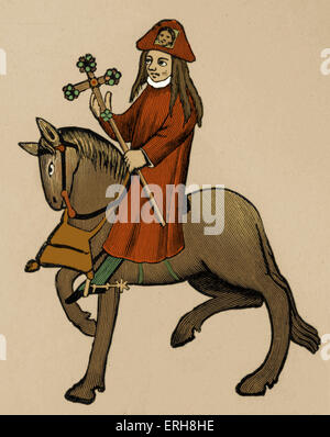 Geoffrey Chaucer ' s Canterbury Tales - The Pardoner  on horseback.  English poet, c. 1343-1400. Ellesmere manuscript of Stock Photo