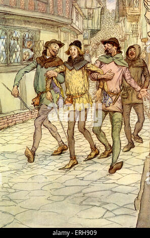 The Merry Wives of Windsor by William Shakespeare. Illustration by Hugh Thomson, 1910. Abraham Slender being carried to the Stock Photo