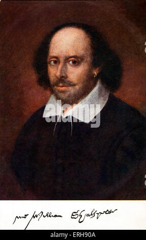 William Shakespeare portrait with signature. Painting may be by Richard Burbage. English playwright. Meant to be most authentic portrait of Shakespeare. Chandos version. Stock Photo