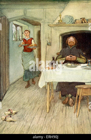 The Merry Wives of Windsor by William Shakespeare. Illustration by Hugh Thomson, 1910. Act I, Scene 2. Caption: 'Sir Hugh Evans: 'There's pippins and cheese to come'. Stock Photo