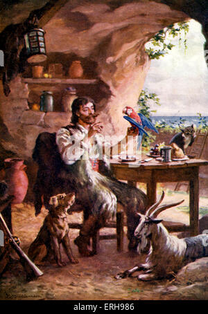 Robinson Crusoe - novel by Daniel Defoe. Illustration of Robinson Crusoe with parrot, cat, dog and goat. C. 1904. Novel Stock Photo