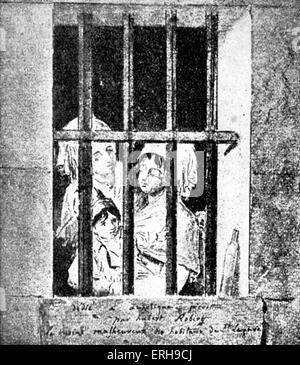 André Chénier 's poem 'Jeune Captive'. Illustration of the Countess de Fleury with the son of Foucher imprisoned at St Lazare. Stock Photo