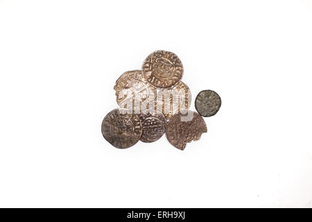 A lot of old silver coins  on a white background Stock Photo