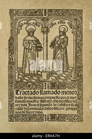 Title page: 'Four Early Spanish Medical Works', part 1, 'Tractado Ilamado Menor Dano de Medicina', by Jacobo Cronberger, Printed in Seville, 1519. Stock Photo