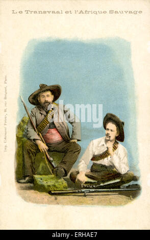 Two Boer Warriors, dressed as combatants in the Second Boer War (1899-1902). Caption reads: 'le transvaal et L'Afrique sauvage' Stock Photo