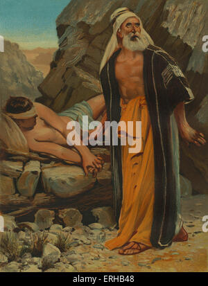 Abraham's sacrifice. Abraham prepares to offer his son, Isaac, as a sacrifice to God on Mount Moriah (Genesis:22). Illustration by Philip R Morris (1836-1902). Stock Photo