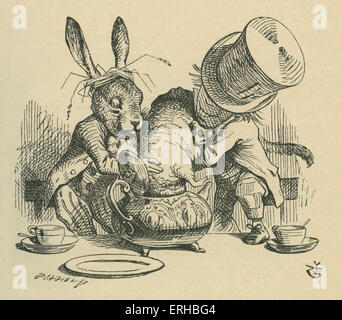 The Doormouse in the tea pot, after a scene from Lewis Carroll's Alice's Adventures in Wonderland. The Doormouse, who is caught Stock Photo