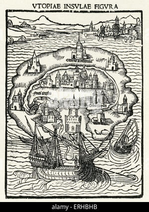 The Island of Utopia - from woodcut in Thomas More's Utopia. 1st edition, 1516 (Caption: Utopiae Insulae Figur A). TM: English Stock Photo