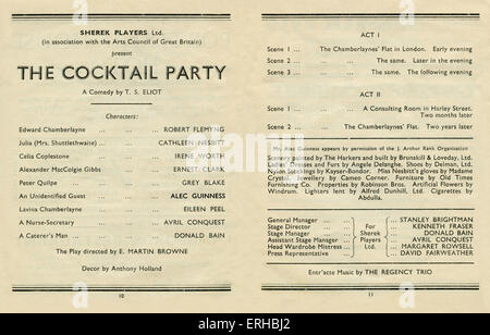 T S Eliot - The Cocktail Party, a new comedy. Programme from Theatre Royal, Brighton commencing 19th December 1949 (same year as premiere at Edinburgh ). Cast List includes, Robert Flemyng, Cathleen Nesbitt, Irene Worth, Ernest Clark, Grey Blake, Alec Guiness, Eileen Peel, Avril Conquest, Donald Bain. Directed by e Martin Browne Stock Photo