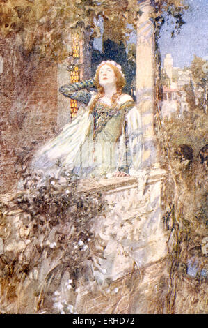 SHAKESPEARE, William - Juliet in Romeo and Juliet on balcony painting by W. Hatherell. `O Romeo, Romeo, wherefore are thou Stock Photo