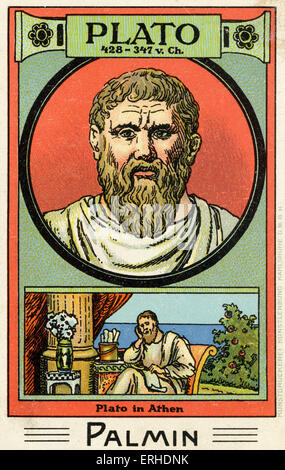 Plato - illustrated portrait. Greek philosopher, 428 - 347 AD. Scene representing him reading scroll in Athens. Palmin