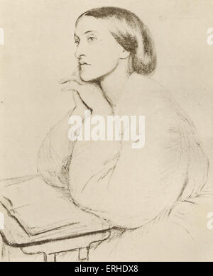 Christina Georgina  Rossetti  1866  - portrait with book by her brother Danet Gabriel Rossetti -  English poet 1830 - 1894. Stock Photo