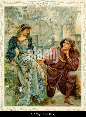 William Shakespeare, play The  Merchant of Venice scene with Jessica and Lorenzo German postcard Stock Photo