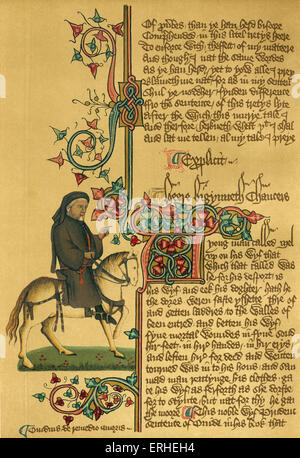 Geoffrey Chaucer on horse - on  manuscript c 1343-1400. Ellesmere Chaucer. English author, poet and philosopher: c 1343 – Stock Photo