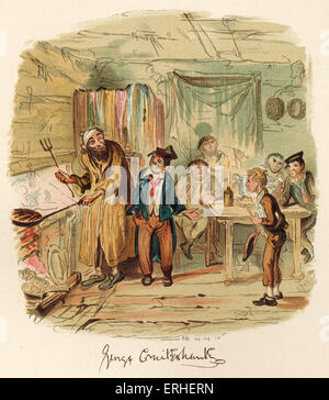 Charles Dickens'  book  'Oliver Twist' illustration by George Cruikshank of Oliver Twist with Fagin and his boys. English Stock Photo