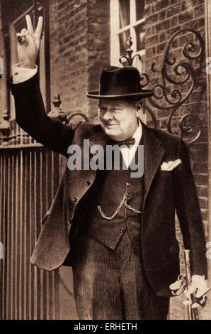 Sir Winston Churchill - portrait of British Prime Minister giving the 'V' victory sign on 5 June 1943 outside 10 Downing Stock Photo