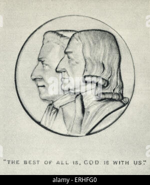 John and Charles Wesley - portrait on medallion - English founder of Methodist denomination of Protestant Christianity and Stock Photo