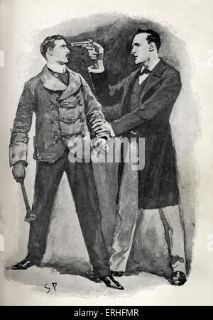 Dr Watson stopping a villain in his tracks, in The Adventures of Sherlock Holmes, by Arthur Conan Doyle. Illustration captioned 'I clapped a pistol to his head'. First published 1892. Detective, mystery, story, gun. Stock Photo