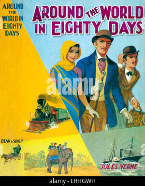 Around the World in Eighty Days by Jules Verne . Dust jacket / cover Published London, Dean. Adventure travel story. Stock Photo