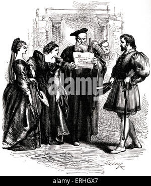 William Shakespeare 's play 'Much Ado About Nothing'. Act I Scene I. Messenger reading out letter to Leonato, Hero and Beatrice. English poet and playwright. 26 April 1564 – 23 April 1616 Stock Photo