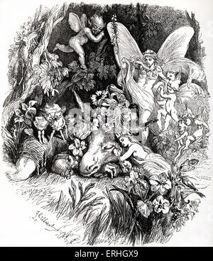 William Shakespeare 's play 'A Midsummer night's Dream'. Act IV Scene I. Tatiana, Bottom (donkey), Puck and fairies in the wood. English poet and playwright. 26 April 1564 – 23 April 1616. English artist Sir John Gilbert 1817-1897. Stock Photo