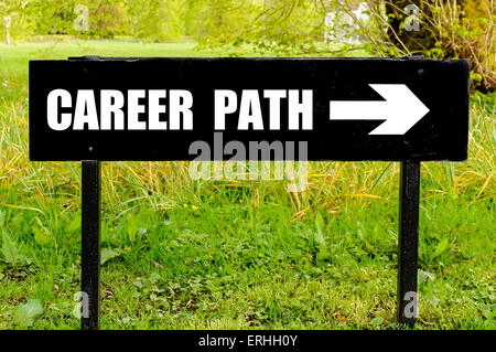 CAREER PATH written on directional black metal sign with arrow pointing to the right against natural green background Stock Photo