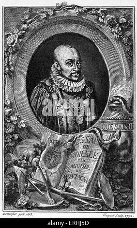 Michel de Montaigne - portrait of the French writer. Engraving by Ficquet after a painting by Dumonstier 1578. 28 February 1533 Stock Photo