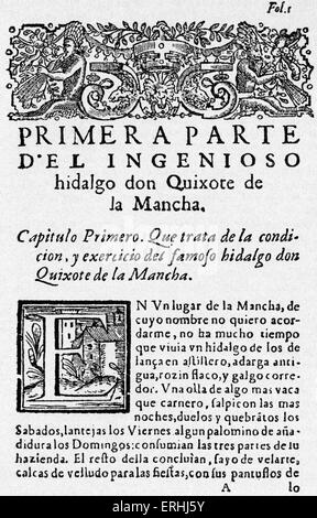 Miguel de Cervantes 's novel 'Don Quixote de la Mancha' (1605). Opening page of the first edition. Spanish author. 29 September Stock Photo