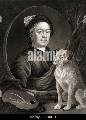 William Hogarth - self portrait of the English painter and artist with a dog. 10 November 1697 - 26 October 1764.  Printed by A Stock Photo