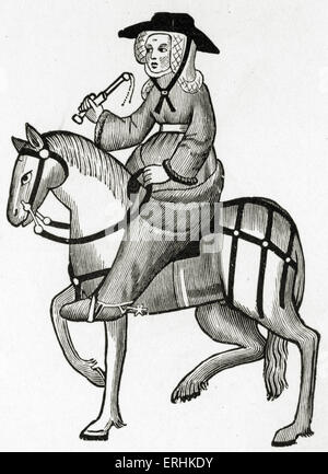 Geoffrey Chaucer's The Wife of Bath on horseback. from The Canterbury Tales - c. 1343-1400. Ellesmere manuscript of Canterbury Stock Photo