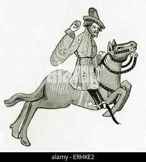 Geoffrey Chaucer ' s Canterbury Tales - The Merchant  on horseback.  English poet, c. 1343-1400. Ellesmere manuscript of Stock Photo
