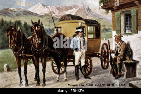 Bavaria: Horse-drawn mountain mail coach stopped in front of a small cottage.  Two men in conversation. Stock Photo