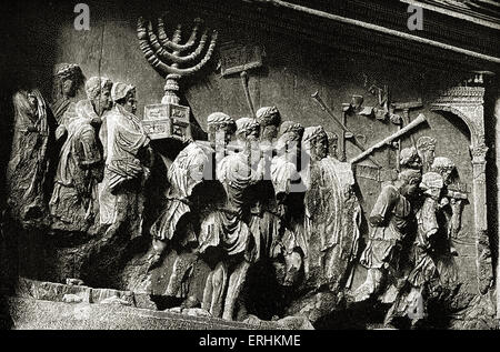 Roman soldiers at the destruction of Jerusalem carry away the plundered treasures of the temple. From the relief on the Arch of Stock Photo