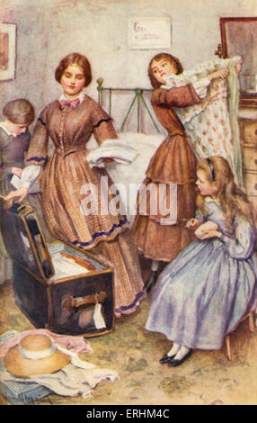'Little Women' by Louisa May Alcott - portrait of Meg 's sisters helping her pack. Chapter IX: 'Meg Goes To Vanity Fair'. Stock Photo