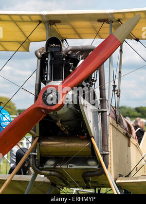 the engine and propeller of a 1912 era replica BE2c biplane(built in 1969) on display,at Aerexpo 2015 aviation event,at Sywell a Stock Photo