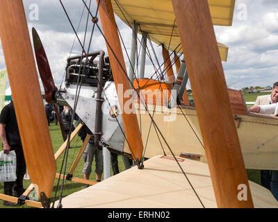A 1912 era replica BE2c biplane(built in 1969) on display,at Aerexpo 2015 aviation event,at Sywell airfield,Northamptonshire, Br Stock Photo