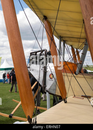 A 1912 era replica BE2c biplane(built in 1969) on display,at Aerexpo 2015 aviation event,at Sywell airfield,Northamptonshire, Br Stock Photo