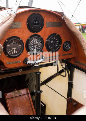 The cockpit of a 1912 era replica BE2c biplane(built in 1969) on display,at Aerexpo 2015 aviation event,at Sywell airfield,North Stock Photo