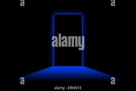 Black door with bright neonlight at the other side - Blue Stock Photo