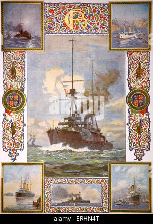 British battleships and boats in 1910 that had been under the command of King George V. Paintings by Norman Wilkinson and Cecil Stock Photo