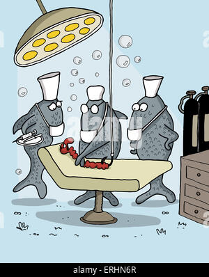 Funny cartoon about fish as doctors Stock Photo