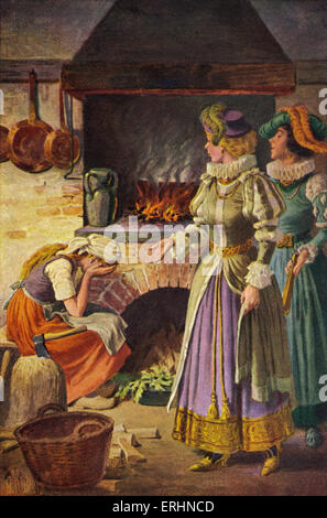 Cinderella by the fire cinders in the kitchen, wicked stepsisters being unpleasant to her. . Based on the fairy tale by Jakob & Wilhelm Grimm. Stock Photo