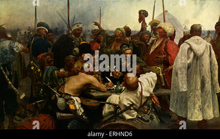 Reply of the Zaporozhian Cossacks' - after painting by Ilya Repin, 1880 - 1891. Cossacks write mocking letter to Sultan Mehmed IV of the Ottoman Empire. Original held at the State Russian Museum, St. Petersburg, Russia. Stock Photo