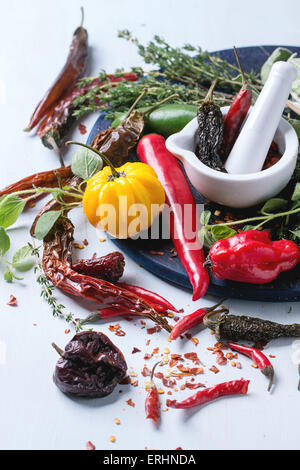 Assortment of fresh, dryed and flakes hot chili peppers and fresh herbs with white ceramic mortar on dark blue cutting board ove Stock Photo